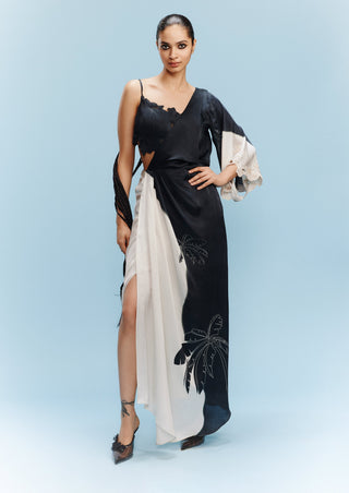 Niran Black Satin Draped Dress And Bustier by Dolly J, available on Indiaspopup.com