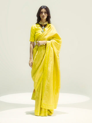 Yellow lemondrop sari with unstitched blouse piece