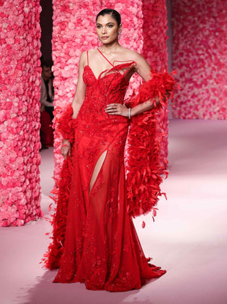 Gisele Scarlet Gown And Feather Boa by Dolly J, available on Indiaspopup.com