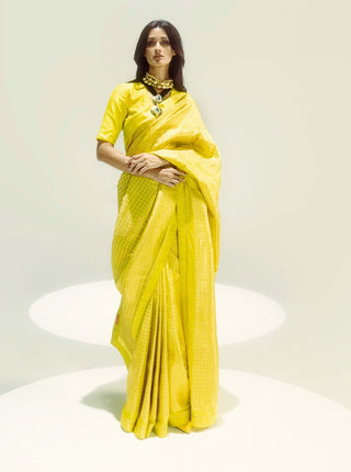 Yellow Lemondrop Sari With Unstitched Blouse Piece by Ekaya available on Indiaspopup.com