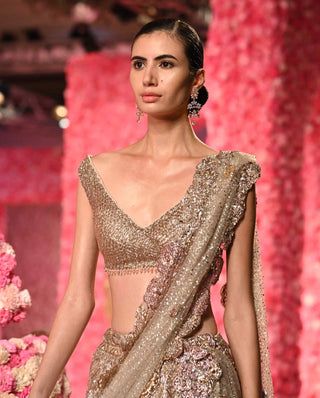 Lena Pale Gold Shimmer Tulle Lehenga Set by Dolly J, available on Indiaspopup.com