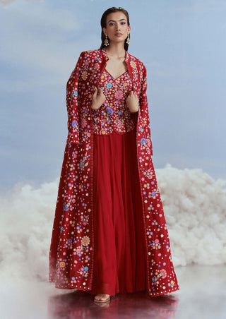 Nachiket Barve-Red Izmir Carnations Jacket And Sharara Set-INDIASPOPUP.COM