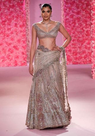 Ella Pale Gold Shimmer Lehenga Sari Set by Dolly J, available on Indiaspopup.com