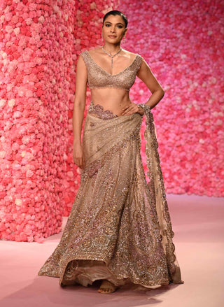 Ella Pale Gold Shimmer Lehenga Sari Set by Dolly J, available on Indiaspopup.com