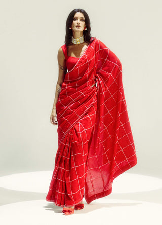 Radiant red crossword sari with unstitched blouse piece