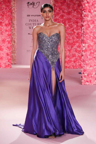 Violette Deep Lilac Satin Gown by Dolly J, available on Indiaspopup.com