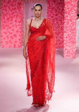 Noele Scarlet Embroidered Sari Set by Dolly J, available on Indiaspopup.com