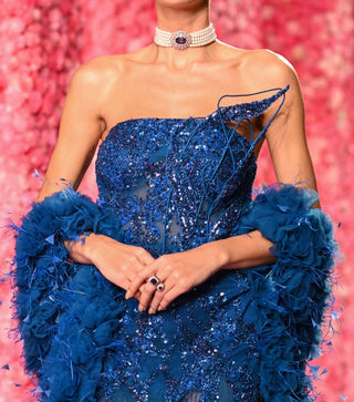 Daphne Cobalt Blue Gown And Feather Boa by Dolly J, available on Indiaspopup.com