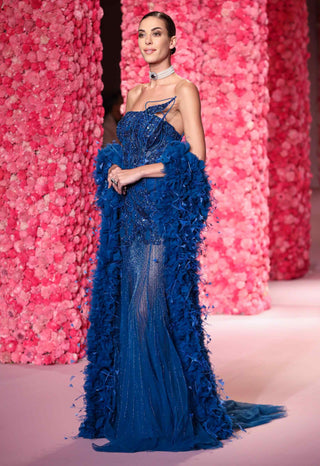 Daphne Cobalt Blue Gown And Feather Boa by Dolly J, available on Indiaspopup.com