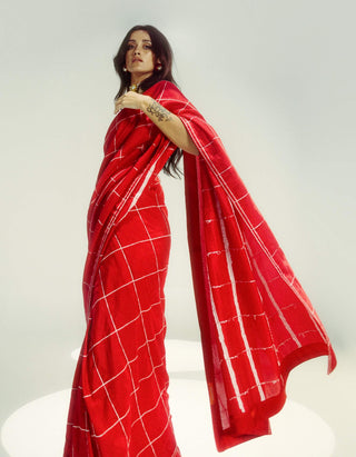 Radiant red crossword sari with unstitched blouse piece