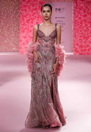 Beatrice Mauve Pink Crystallised Gown And Boa by Dolly J, available on Indiaspopup.com