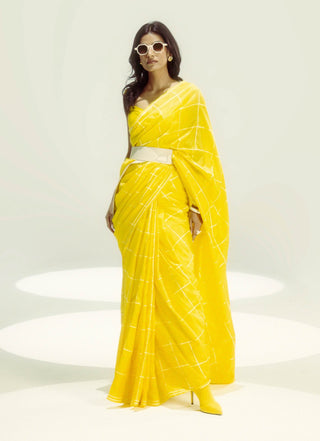 Yellow Crossword Sari With Unstitched Blouse Piece by Ekaya available on Indiaspopup.com