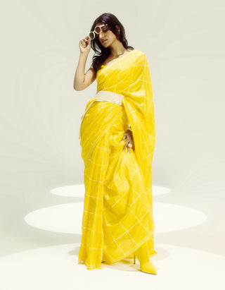 Yellow crossword sari with unstitched blouse piece