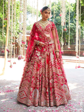 Asani Red Lehenga Set by Dolly J available on Indiaspopup