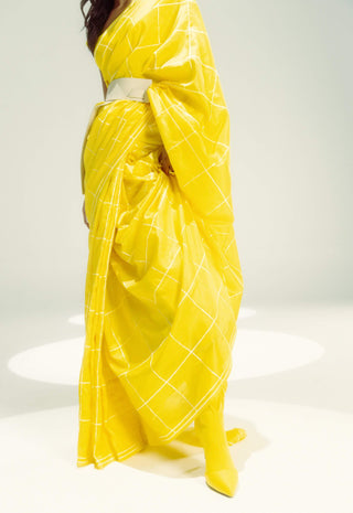 Yellow crossword sari with unstitched blouse piece