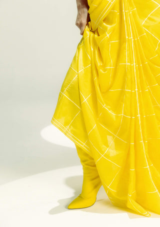 Yellow crossword sari with unstitched blouse piece