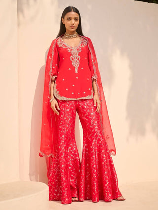 Ruvina red kurti and flare pant set