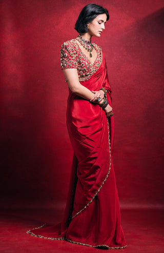 Elegant red crepe sari set