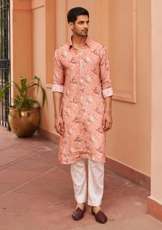Chhavvi Aggarwal Men-Peach Printed Kurta And Pants-INDIASPOPUP.COM