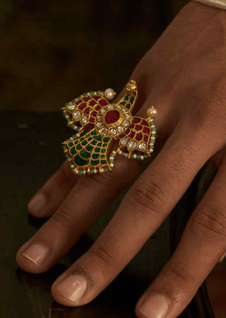 Mansi red & green kundan ring