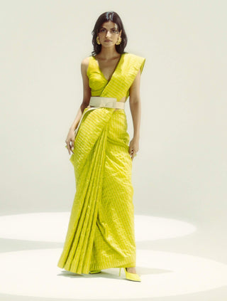 Yellow lime pinstripe sari with unstitched blouse piece