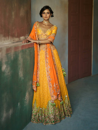 Marigold yellow and tangerine tamira lehenga set