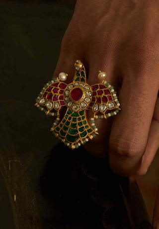 Mansi red & green kundan ring