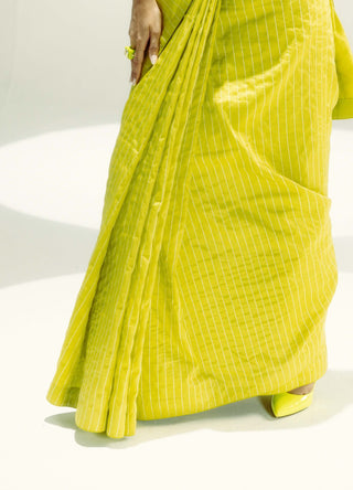 Yellow Lime Pinstripe Sari With Unstitched Blouse Piece by Ekaya available on Indiaspopup.com