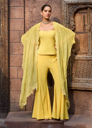 Jaune yellow corset, cape and sharara chikankari set