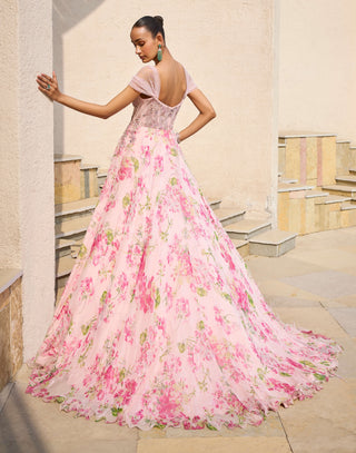 Rosabelle pink chiffon printed gown