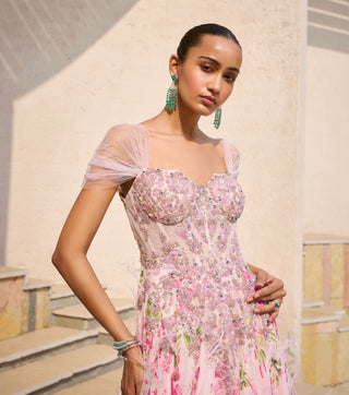 Rosabelle pink chiffon printed gown