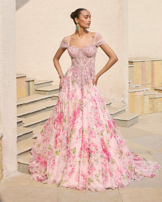 Dolly J Rosabelle Pink Chiffon Printed Gown available on indiaspopup