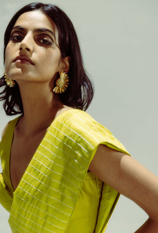 Yellow Lime Pinstripe Sari With Unstitched Blouse Piece by Ekaya available on Indiaspopup.com