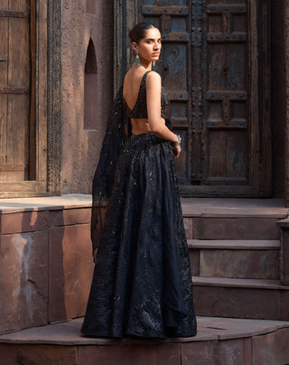 Black starlit draped lehenga set