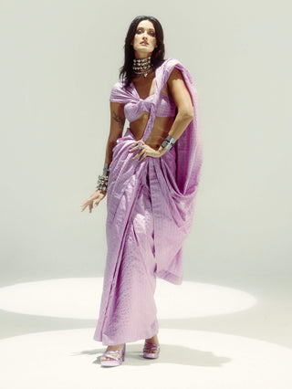 Lilac Pinstripe Sari With Unstitched Blouse Piece by Ekaya available on Indiaspopup.com