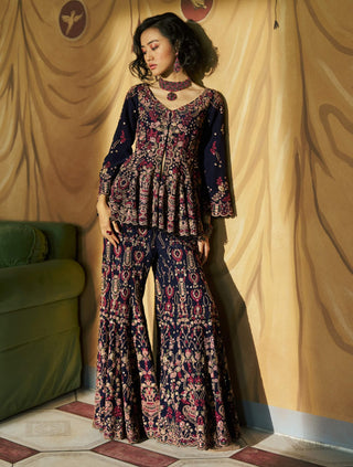 Ink blue hueden jacket kurta and flare pants