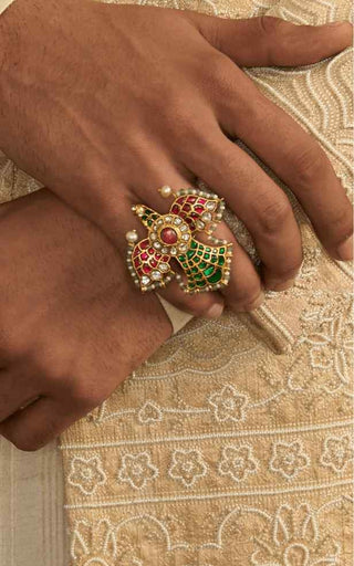 Mansi red & green kundan ring