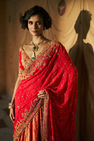 Red-saffron roumira lehenga sari set