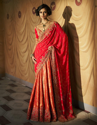 Red-saffron roumira lehenga sari set