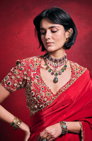 Elegant red crepe sari set