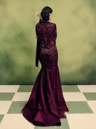 Sangria cherry gown and cape drape