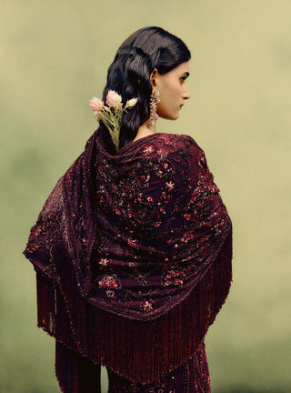 Sangria cherry gown and cape drape