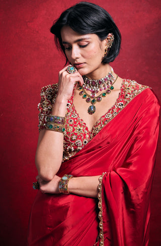 Elegant red crepe sari set