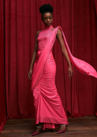 Itrh-Pink Luminous Draped Sari Skirt Set-INDIASPOPUP.COM