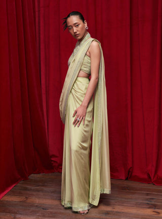 Itrh-Mint Chiffon Draped Sari Skirt Set-INDIASPOPUP.COM
