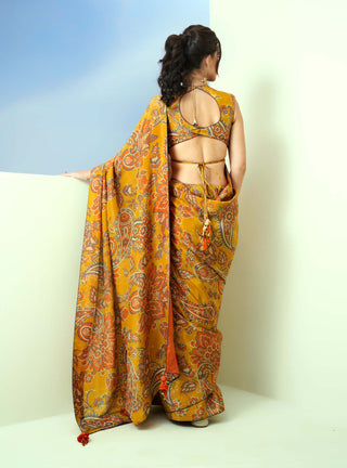 Taavare-Yellow Printed Sari And Blouse-INDIASPOPUP.COM