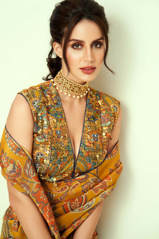 Taavare-Yellow Printed Sari And Blouse-INDIASPOPUP.COM