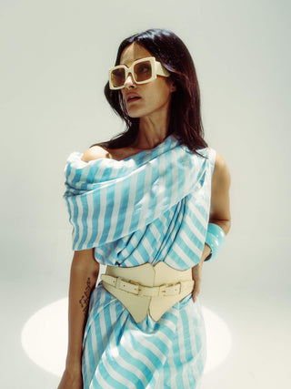 Powder Blue And Vanilla Candy Cane Sari With Unstitched Blouse Piece by Ekaya available on Indiaspopup.com