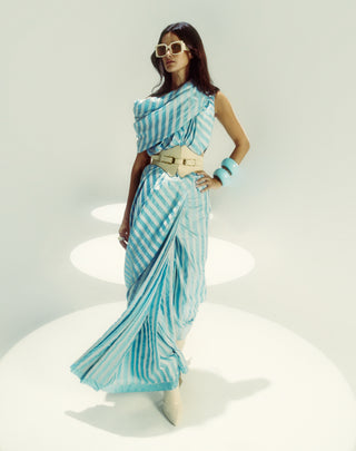 Powder Blue And Vanilla Candy Cane Sari With Unstitched Blouse Piece by Ekaya available on Indiaspopup.com