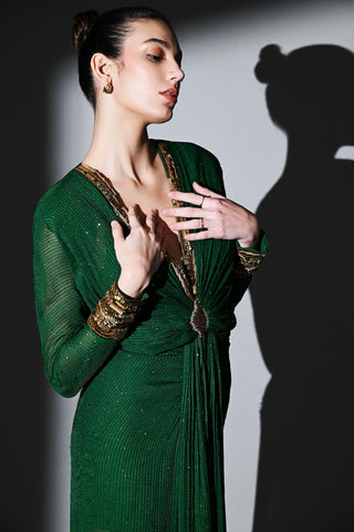 Embrald Draped Dress With Gold Hand Embroidery by Nikita Mhaisalkar available on Indiaspopup.com